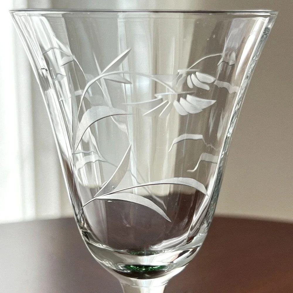 Vintage Optic Glass Wine Glasses Green Footed (5) Etched Flowers 6 5/8